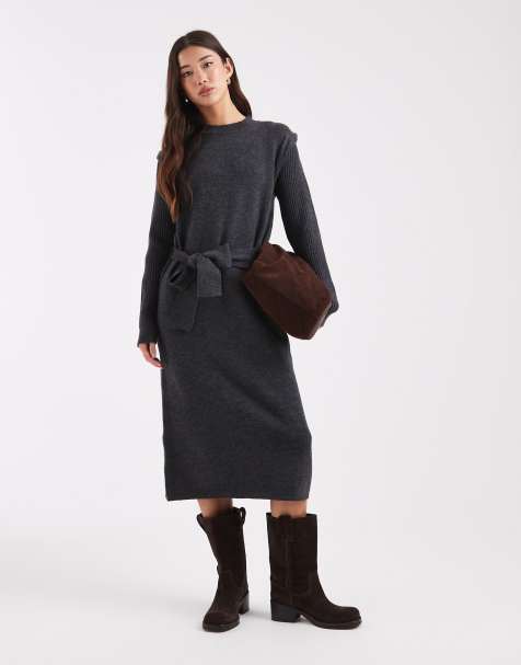 Object knitted belted midi dress with folded shoulder detail in dark grey melange