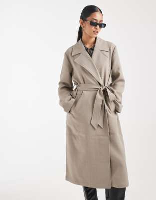Object Clean Lightweight Tailored Tie Waist Trench Coat In Gray