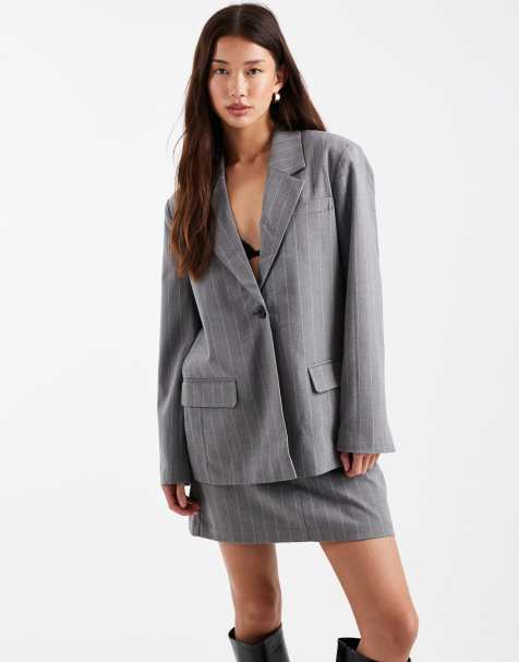 Object - Co-ord set van nauwsluitende boyfriend blazer met stretch en mini rok in grijze krijtstreep - view 1