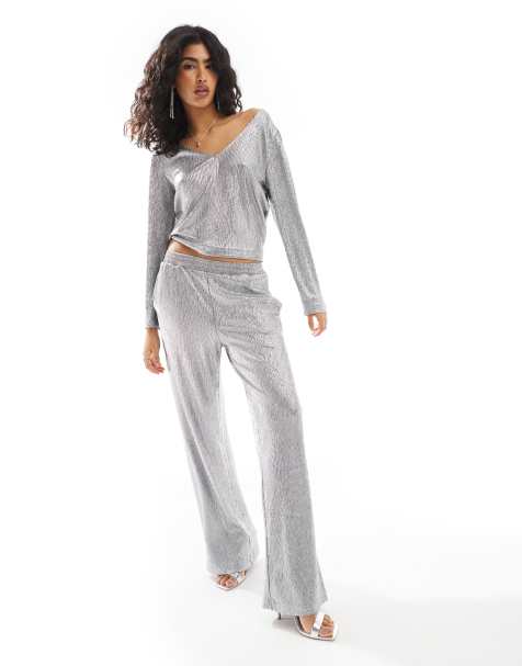 Object - Co-ord set van plissé top en broek met wijde pijpen in zilver - view 1