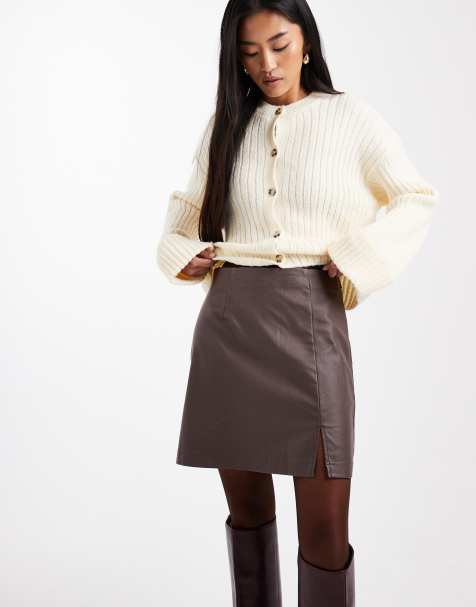 Object coated leather-look mini skirt in chocolate brown - view 1