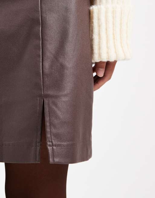 Object coated leather-look mini skirt in chocolate brown