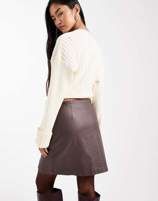 Object coated leather-look mini skirt in chocolate brown