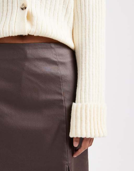 Object coated leather-look mini skirt in chocolate brown