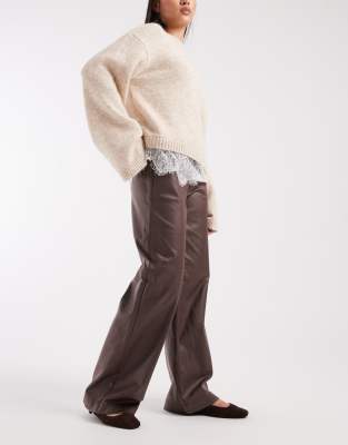Object Coated Leather-look Wide Leg Pants In Brown