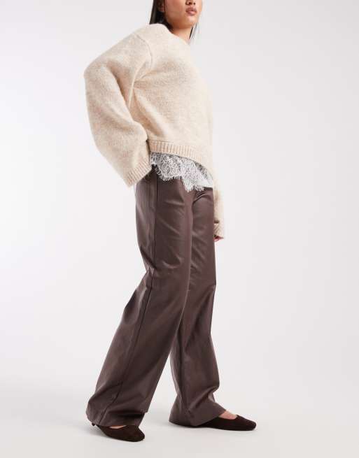 Object coated leather-look wide leg pants in chocolate brown, 2 of 5