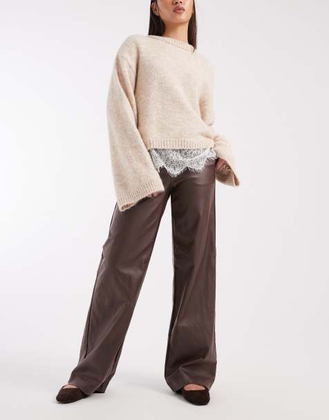 Object coated leather-look wide leg trousers in chocolate brown - view 1