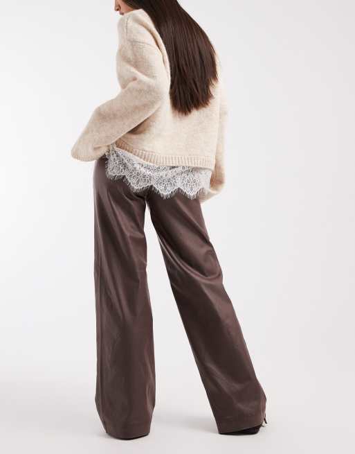 Object coated leather-look wide leg trousers in chocolate brown, 3 of 5