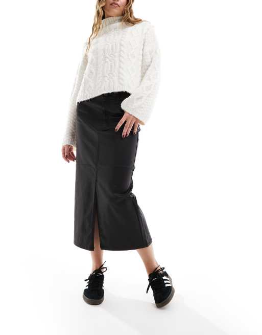 Black Leather-Look Coated Split Hem Midi Skirt