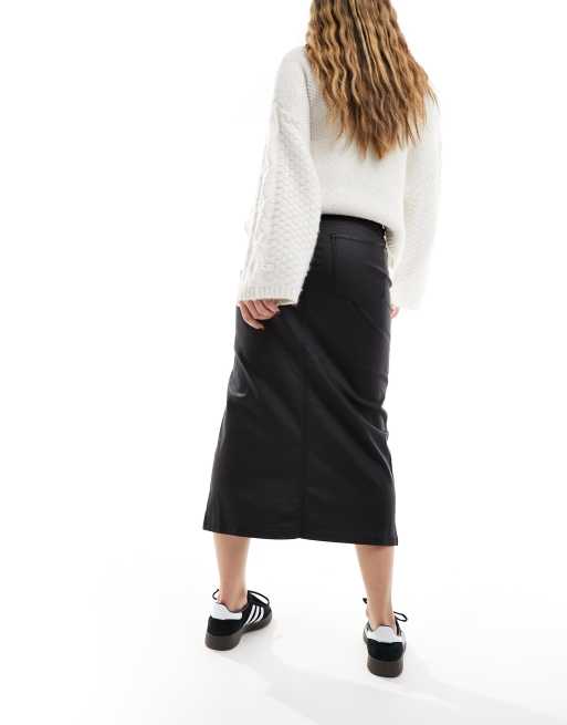 Object coated midi skirt with split front in black
