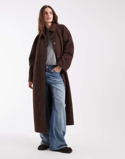 Object collard button front maxi coat in brown - view 1