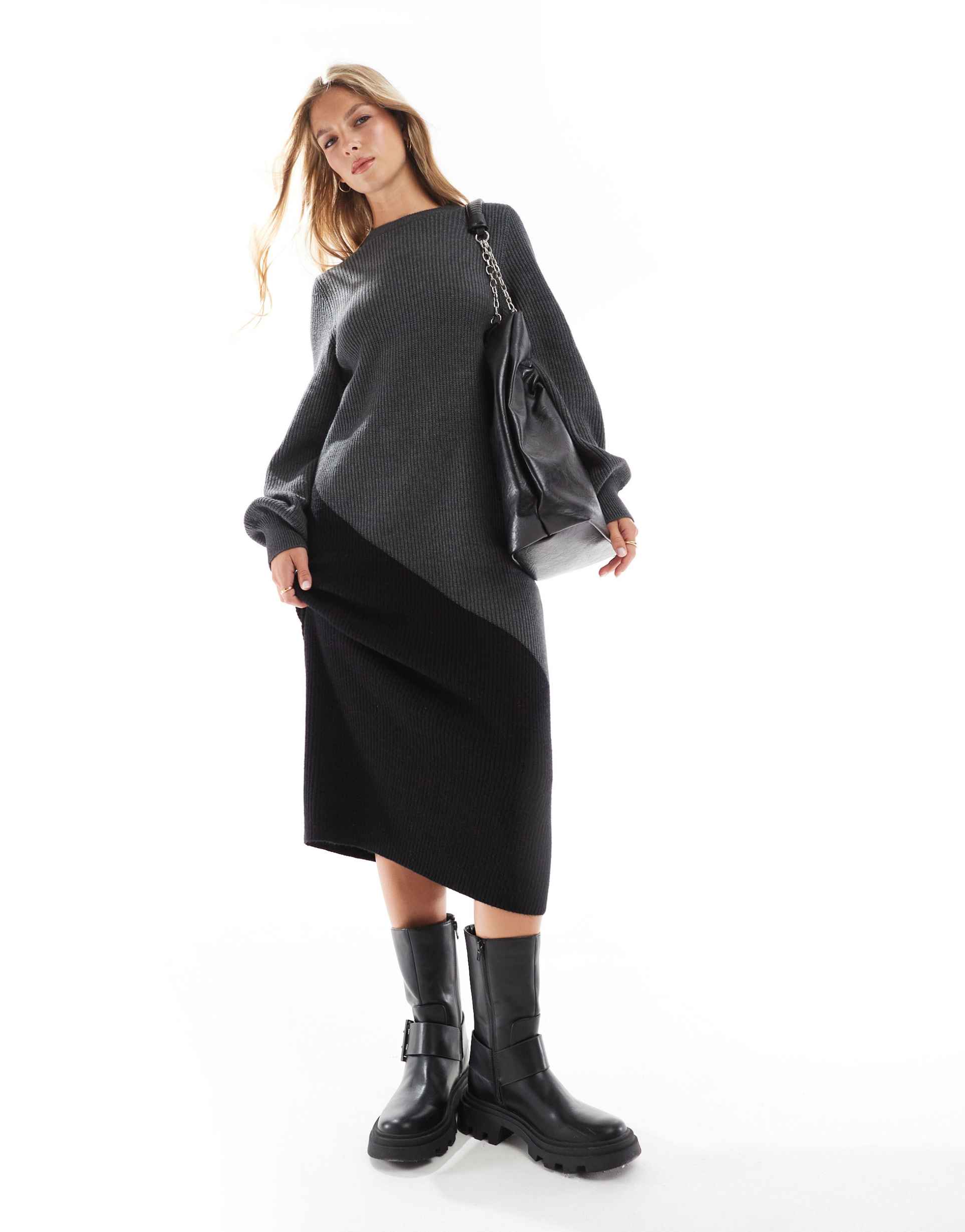 object color block knit maxi dress in black and gray