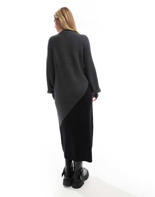 Object color block knit maxi dress in black and gray