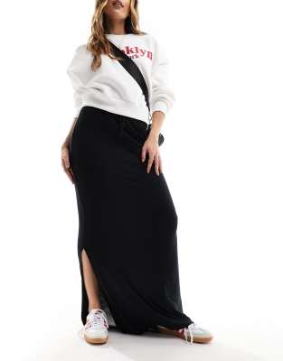 Object Coated Midi Skirt With Split Front In Black In Black