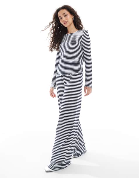 Object - Completo in jersey a coste blu navy a righe con top a maniche lunghe e pantaloni a fondo ampio - view 1