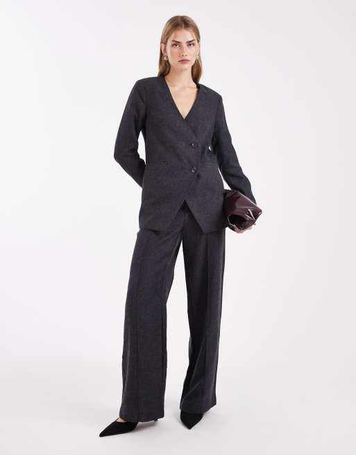 Object - Completo sartoriale grigio scuro mélange con pantaloni con fondo ampio e blazer con dettaglio asimmetrico