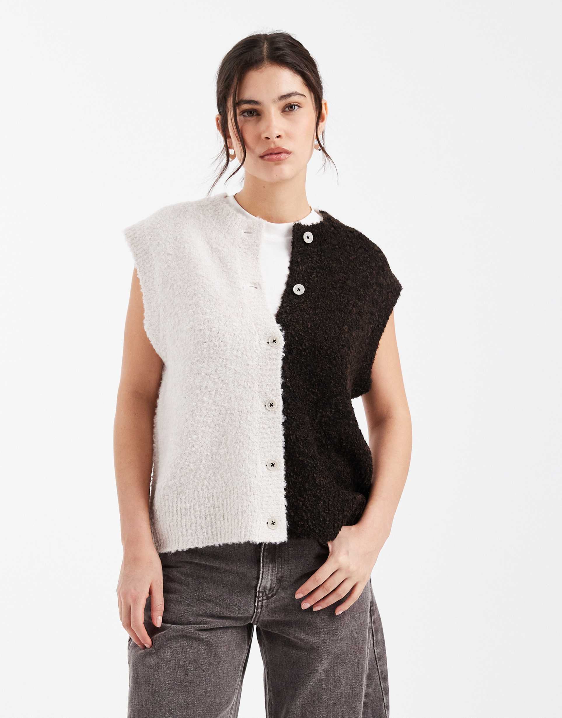object contrast bouclé knit sweater vest in chocolate and cream