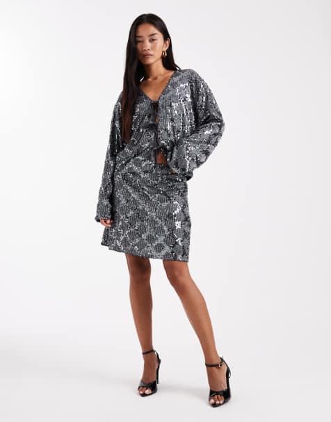Object contrast sequin mini skirt co-ord in dark silver - view 1
