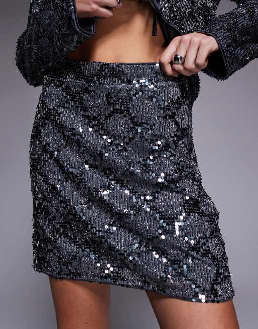 Object contrast sequin mini skirt co-ord in dark silver, 5 of 5