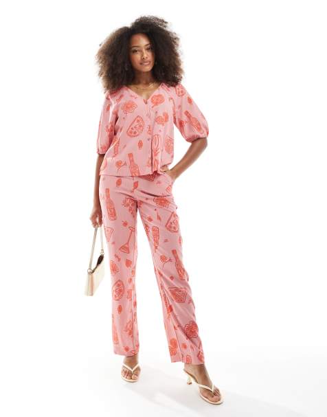 Object - Coordinato con top e pantaloni rosa con stampa di disegni - view 1