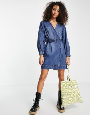 Object cotton belted denim mini dress in mid blue - MBLUE