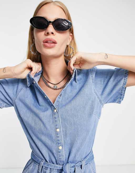 Object cotton blend denim belted jumpsuit in blue - LBLUE, 4 of 4