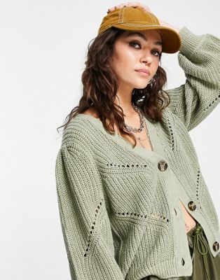 Object cotton blend knitted cardigan in sage green - LGREEN