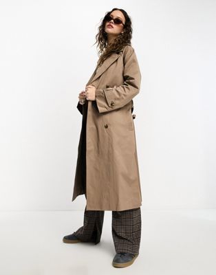 Object cotton blend tie waist trench coat in brown