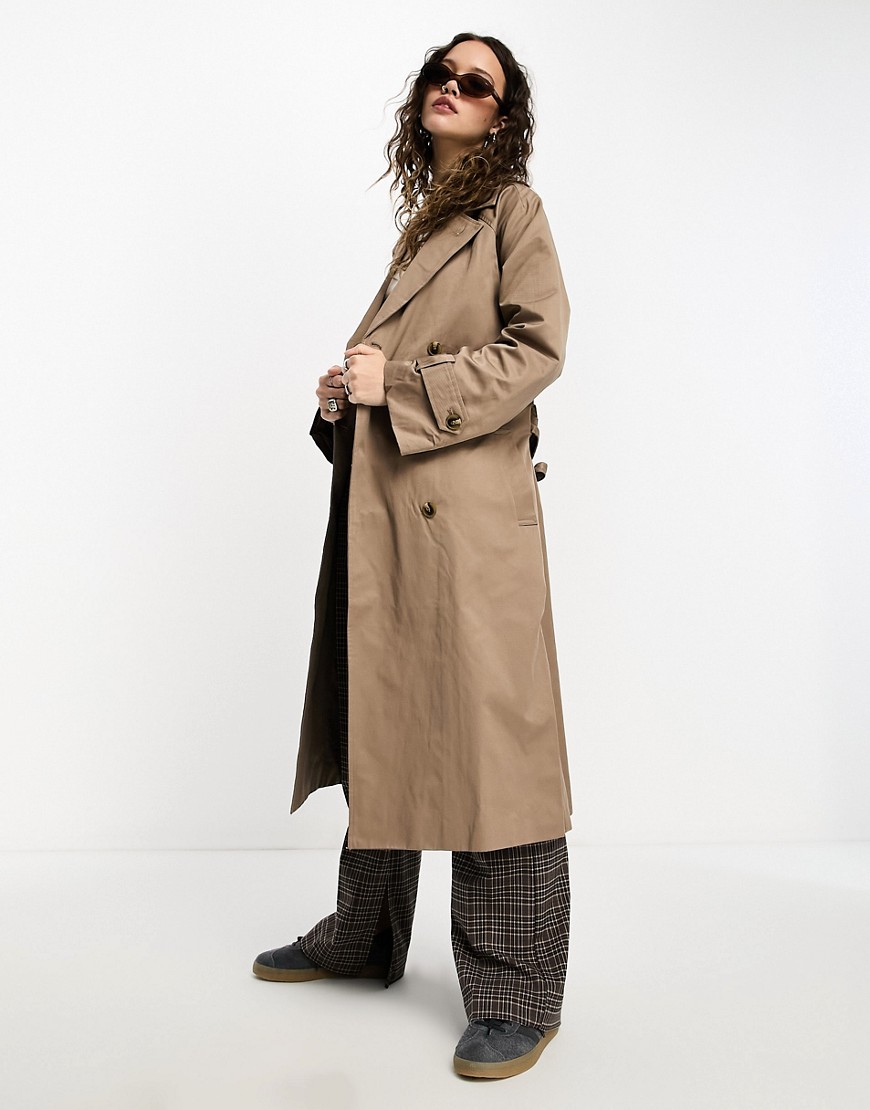 Object Cotton Blend Tie Waist Trench Coat In Brown-neutral