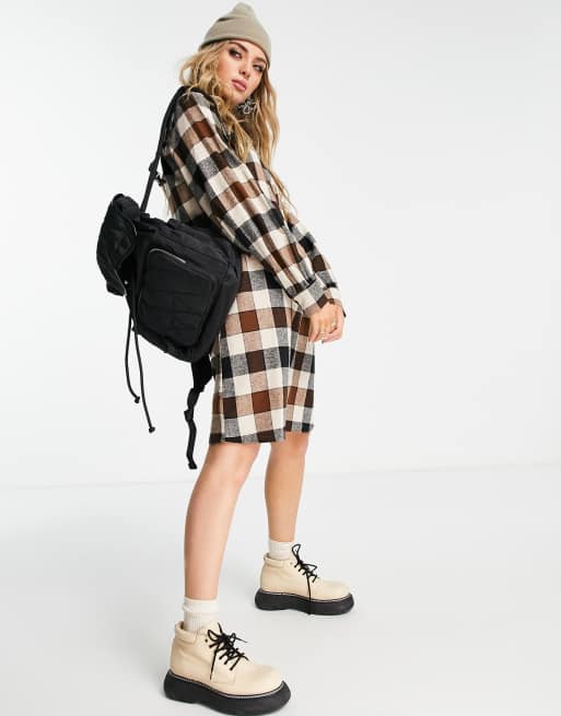 Object cotton dress with grandad collar in check print - BROWN