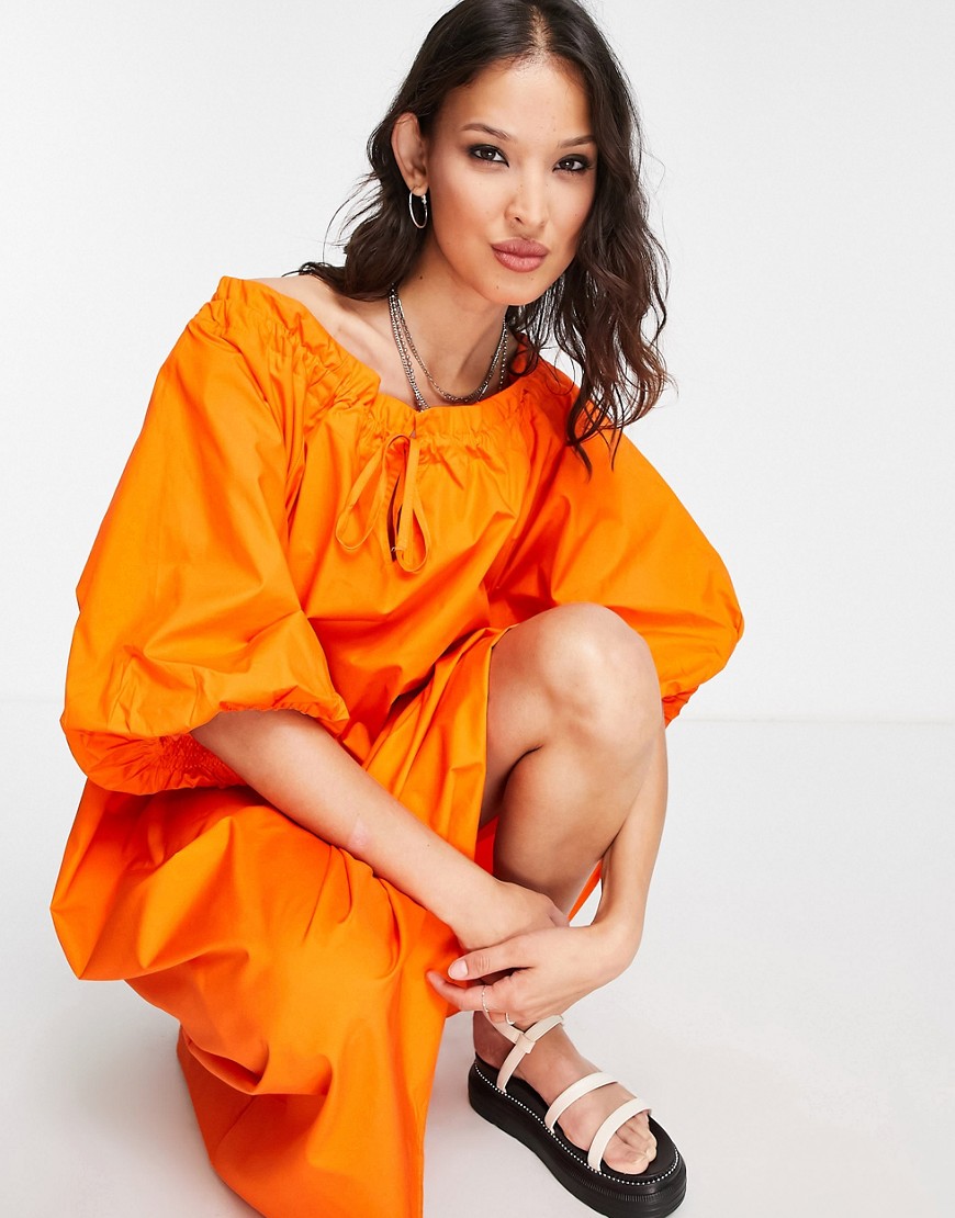 Object cotton puff sleeve midi dress in orange
