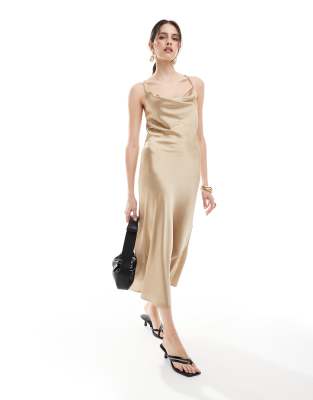 cowl neck midi slip dress in beige-Neutral