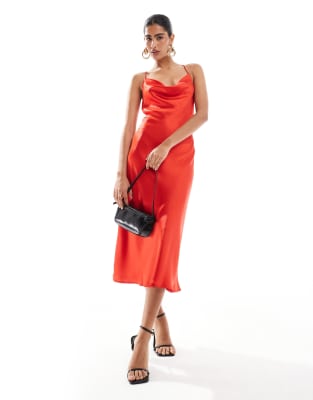 cowl neck midi slip dress in red