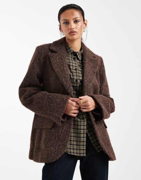 Object cozy textured oversized blazer style jacket in dark brown - view 1