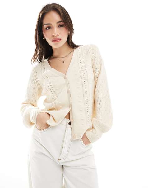 Object - Cremehvid cardigan med tekstur i pointelle - view 1