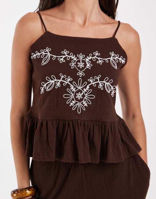 Object crinkle cotton frill hem embroidered cami top co-ord in chocolate, 3 of 4