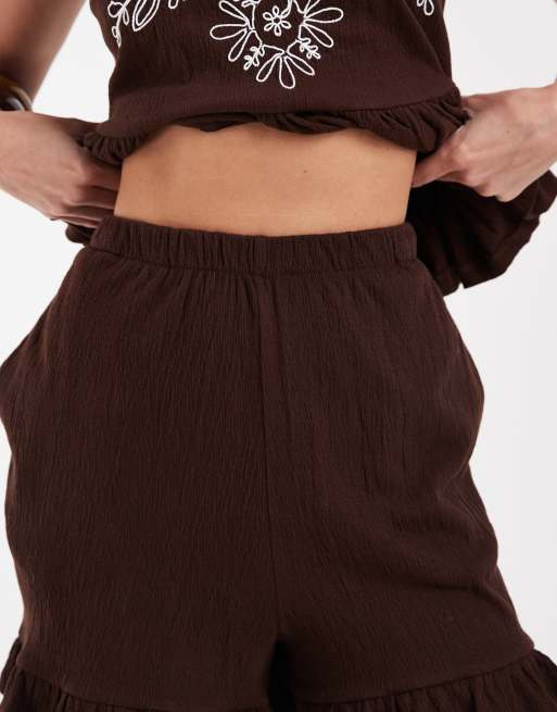 Object crinkle cotton frill hem shorts co-ord in chocolate, 3 of 5