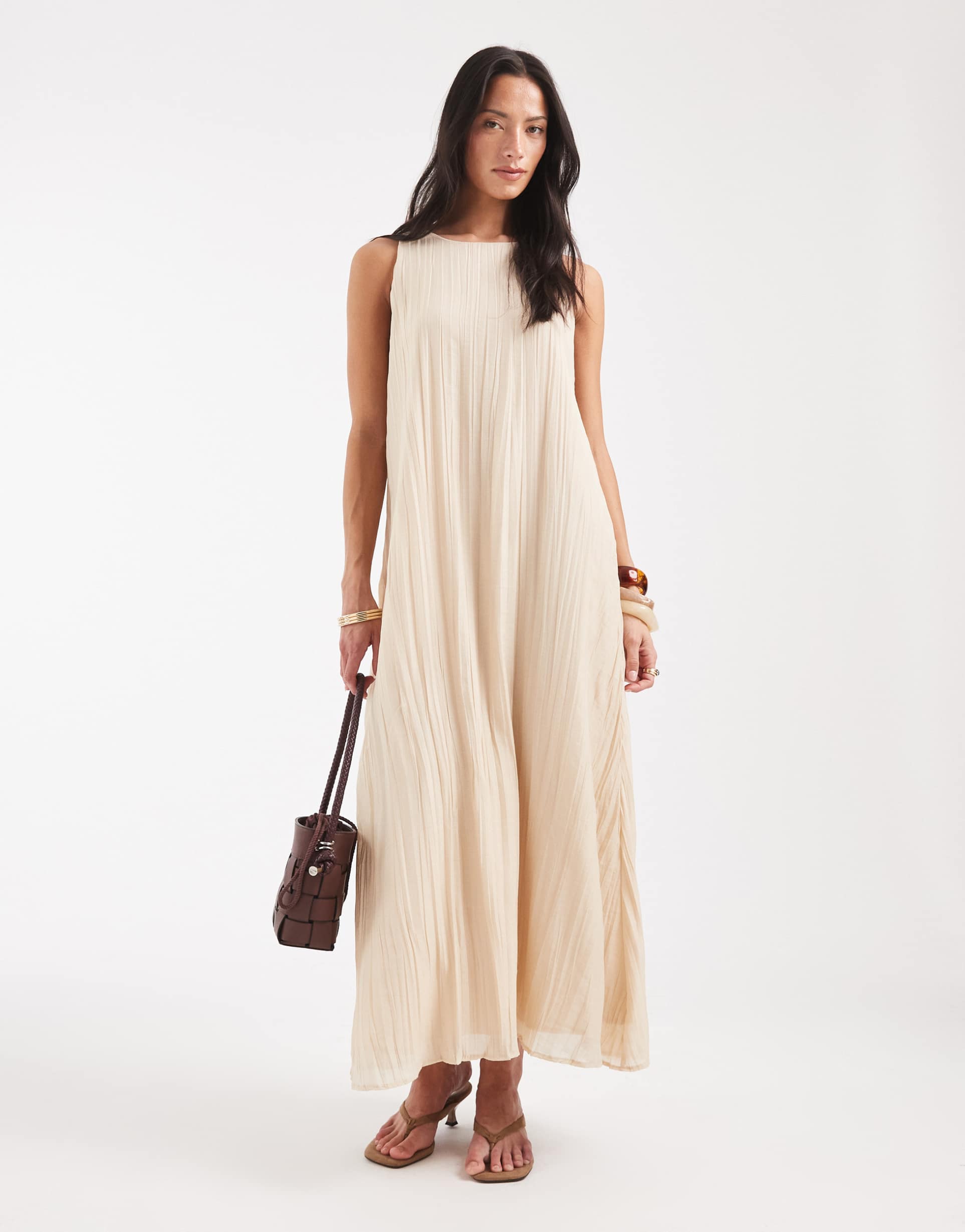 object crinkle plisse sleeveless trapeze maxi dress in cream