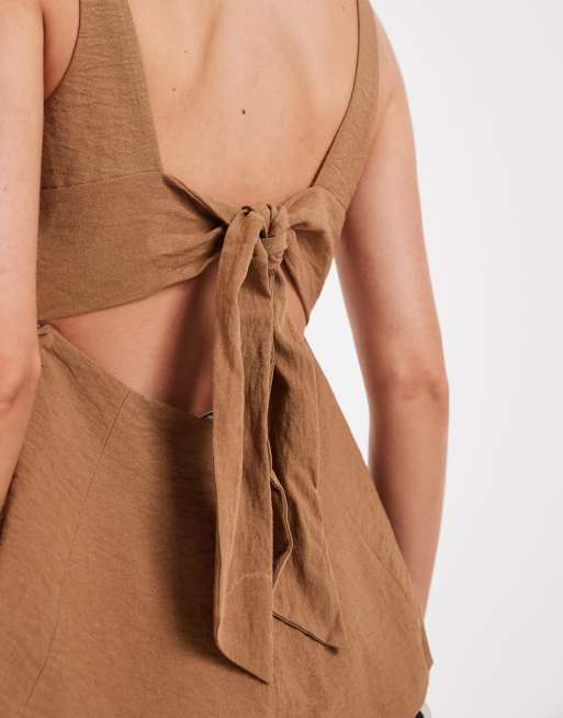 Object crinkle textured tailored tie back peplum hem top co-ord in camel, 4 of 4