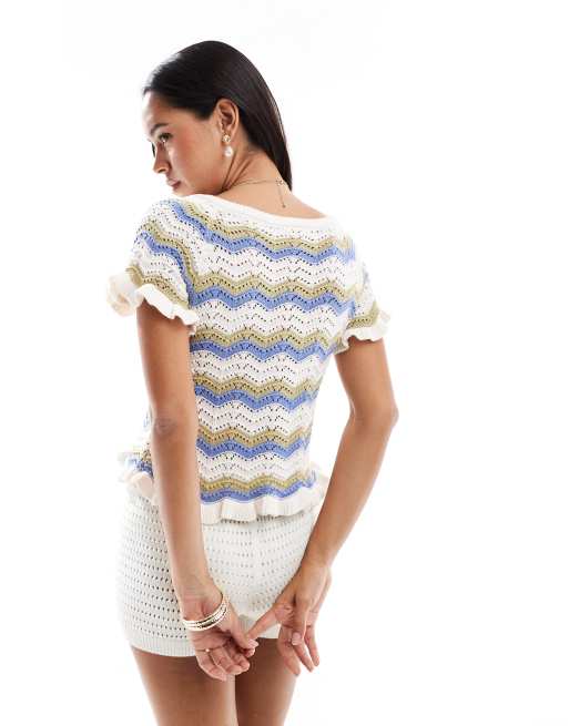 Object crochet frill short sleeve cardigan in blue and neutral stripe, 4 of 4