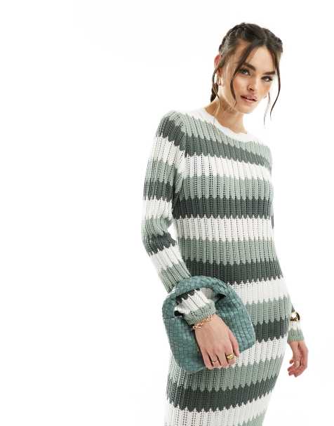 Object crochet knit maxi dress in sage green multi stripe - view 1
