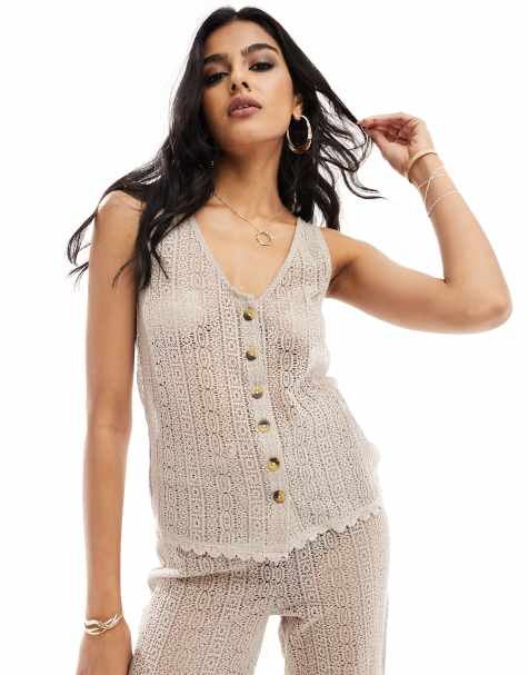 Object crochet lace button down top in cream - part of a set - view 1