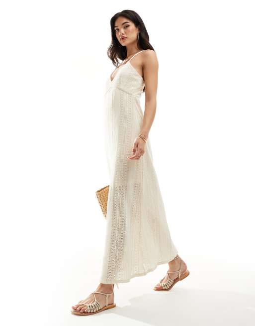 crochet slip dress Bone Petal Long This bias cut satin silk gown features crochet inset detail at the waist.... Object crochet maxi slip dress