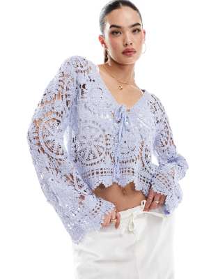 cropped bell sleeve crochet top in pale blue