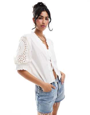 cropped broderie top with ties in white