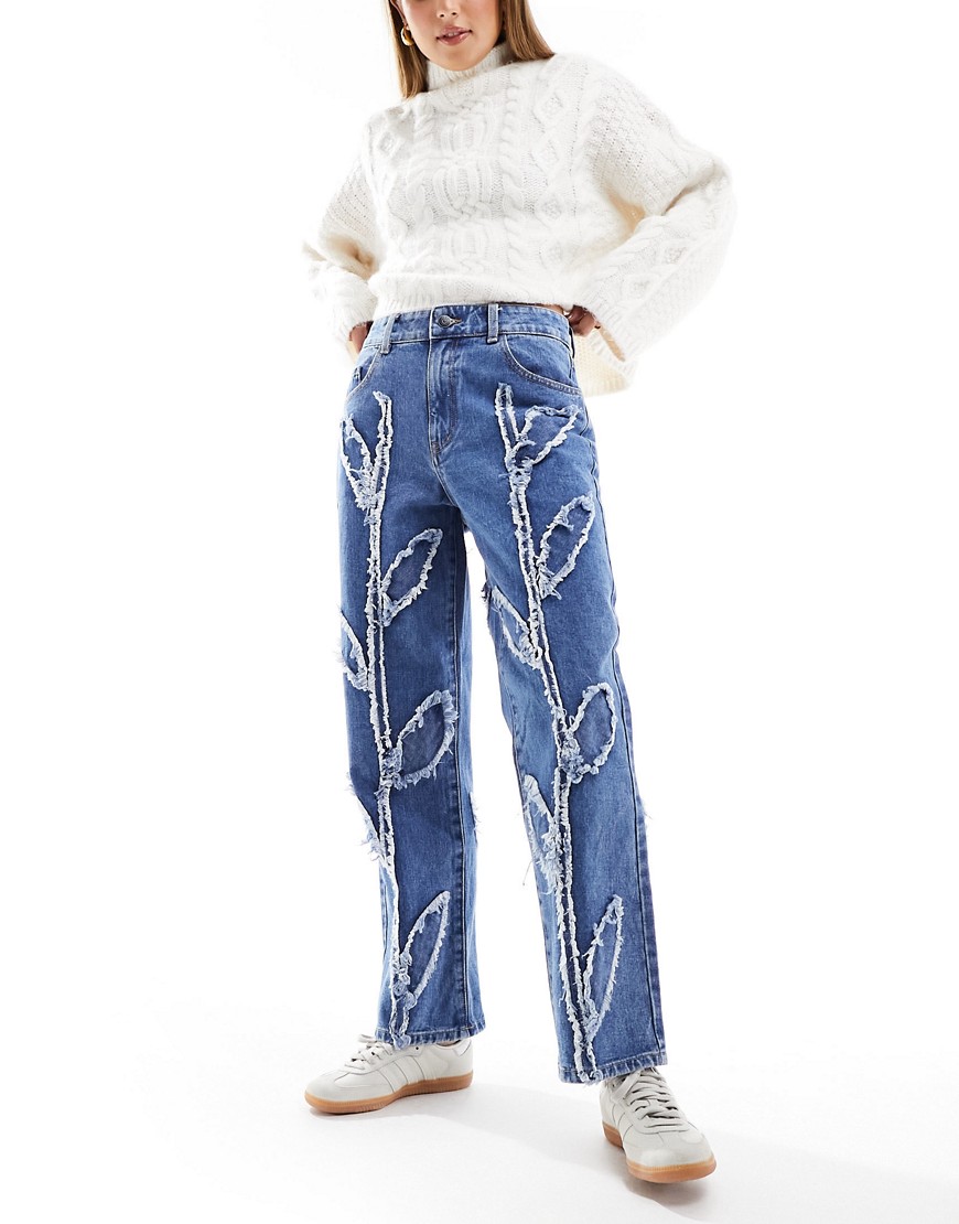 Object cropped high waisted jeans with frayed flowers in medium blue denim
