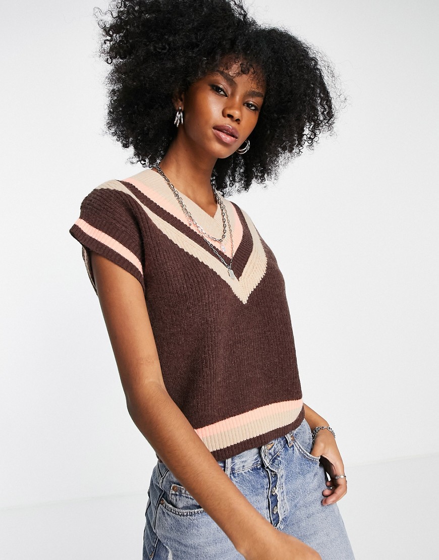 Object cropped knit varsity vest in brown