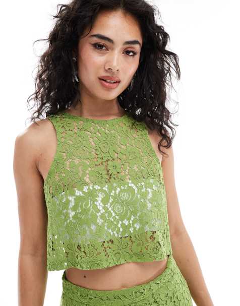 Object cropped lace tank top co-ord in green - view 1