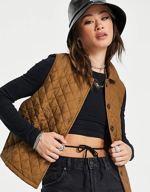  Object cropped quilted gilet in brown 