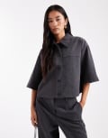 [Object] Object cropped short sleeve shirt style blazer in dark grey melange (Part of a set) 36 Dark Grey Melange